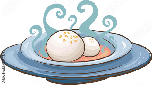 Illustration of two round, white sweet rice balls in a light blue bowl. The bowl is nestled on a larger, similarly colored plate.  The rice balls appear slightly glossy, with small flecks