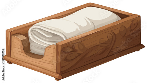 A digital illustration depicts a rolled white towel neatly placed inside a light brown wooden holder. The wooden holder features a carved design with leaf-like patterns. The towel is softly rolled