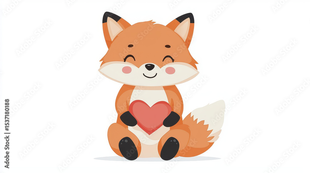 Obraz premium Cute cartoon fox holding heart, smiling joyfully. This adorable character embodies warmth and affection, perfect for various designs