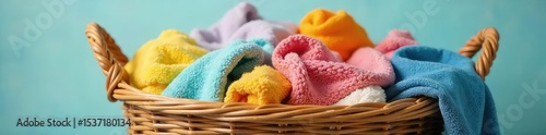 A overflowing woven laundry basket brimming with colorful clothes, towels, and linens Ready for washing or folding Perfect for home organization and cleaning themed projects , rustic, messy