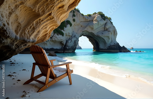 beach chair positioned natural rock arch formation secluded
