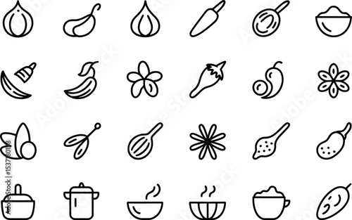 Spices and herbs outline icon set culinary ingredients cooking spices