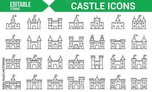 Vector Icons Representing Castles, Fortresses, and Royal Buildings