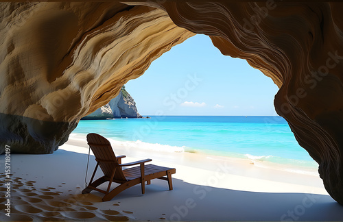 beach chair positioned natural rock arch formation secluded