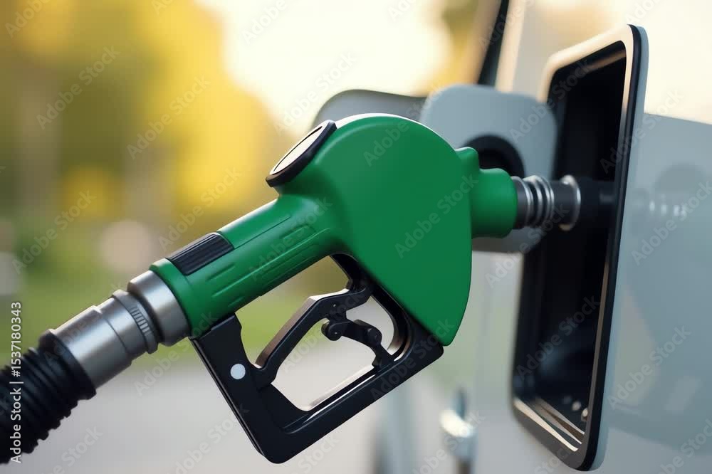 image shows green gas pump nozzle gas station blurred