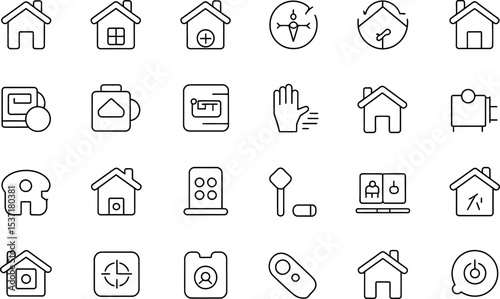 Collection of thin line icons representing home automation and smart device technology