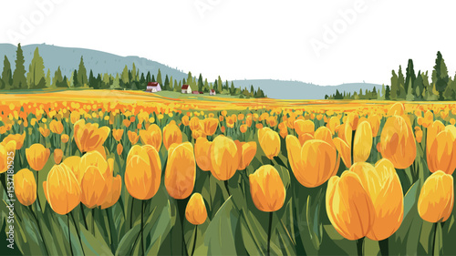 A digital illustration depicting a vast field of vibrant yellow tulips in full bloom. The tulips are densely packed, with their bright yellow petals contrasting against the lush green leaves. 