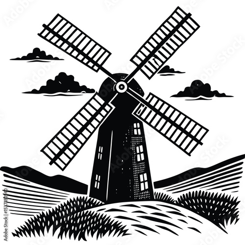 Classic Black and White Windmill Illustration Rural Landscape Artwork