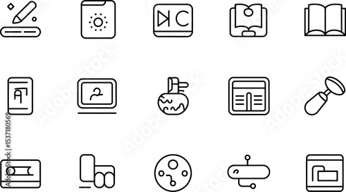 Outline icon set featuring writing book perfume and multimedia devices collection