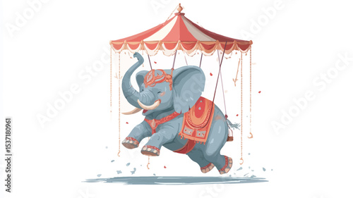 A digital illustration depicting a gray elephant joyfully swinging on a red and white striped circus carousel tent. The style is whimsical and cartoonish, with soft colors and details. The elephant