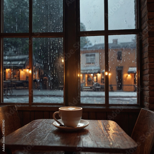 Cozy coffee place with the soft lights and rain outside