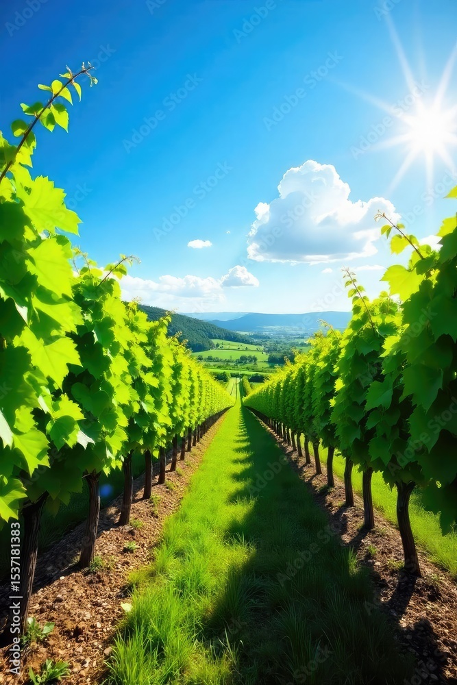 Naklejka premium Sun-drenched rows of grapevines stretching to the horizon, lush green foliage under a bright blue sky A picturesque vineyard landscape perfect for wine country imagery , tranquil, sun