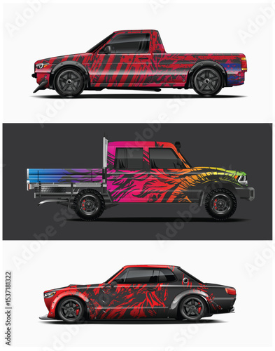 Three Custom Designed Cars with Abstract Red and Black Wraps