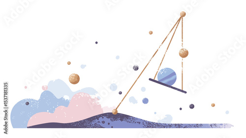 The image is a digital illustration featuring an abstract pendulum design. The pendulum consists of a thin, gold-colored rod supporting a small, rectangular platform from which two spheres hang.