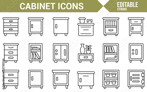 Editable Set of Cabinet and Storage Unit Icons for Home and Office Design