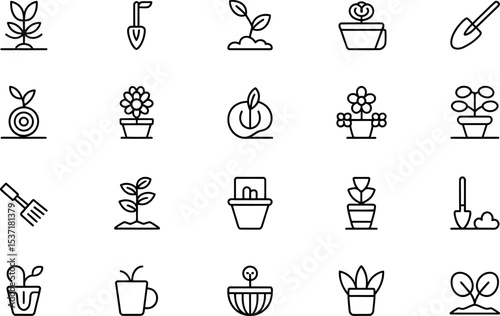 Garden plants and tools line art icons growing seedlings set minimalist style