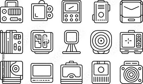 Set of electronics device icons representing various technologies in a line style