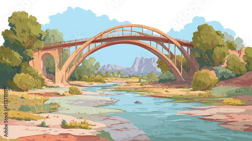 Digital painting depicting a scenic landscape featuring a curved, light brown arch bridge spanning a river that winds through a valley. The river is light blue and shows some shallow areas.?Lush
