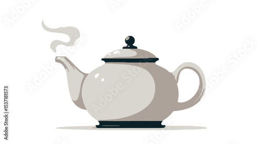 A digital illustration of a white ceramic teapot with a dark-colored base and lid.  The teapot has a rounded body, a curved spout, and a handle. Steam is depicted rising from the spout. 