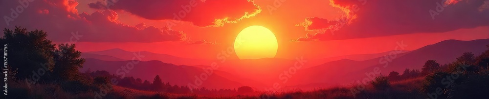 Fototapeta premium A vibrant red sun bursts through the clouds, casting a warm, sunny glow on a picturesque landscape Perfect for summer, energy, or vibrant themes Ideal for backgrounds or design elements , fiery, day