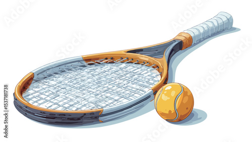 A close-up studio shot of a tennis racket and ball against a white background. The racket is predominantly orange and grey with white strings, lying horizontally.  A yellow tennis ball rests near