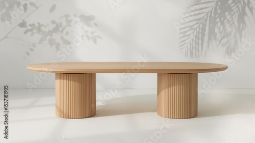 Modern wooden table with a smooth oval top and vertical slat pedestal legs, set against a neutral background with soft leaf shadows for a calm, minimal aesthetic.