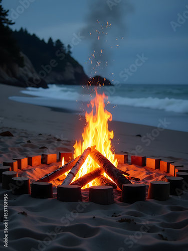 beach bonfire circle logs arranged around glowing