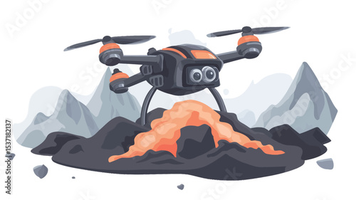 A vector illustration depicting a black and orange quadcopter drone hovering over a stylized volcanic landscape. The drone is centrally positioned, featuring detailed propellers and camera