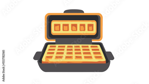 A digital illustration of an open waffle iron displaying a golden-brown waffle. The waffle iron is dark gray/black with a lighter gray/beige interior. The waffle has a distinct grid pattern.