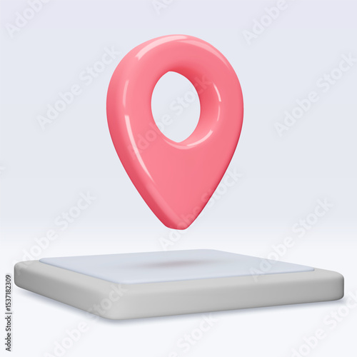 Red location pointer om tablet, placemark, marker of map, navigation pin sign. 3d GPS icon with shadow. Sign for searching on map direction. Vector render illustration isolated on white background