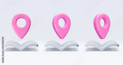Set pink location pointer om map, book, placemark, marker of map, navigation pin sign. 3d GPS icon. Sign for searching on map direction. Vector render illustration isolated on white background