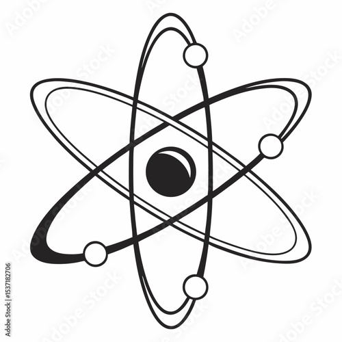 Atom symbol and model illustration on black background showing atomic structure with electrons and nucleus in a 3D science icon style