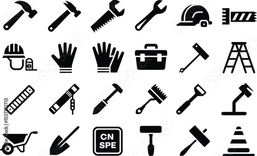 Black and white construction tools set for building and repair projects