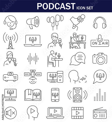 Podcast icon set featuring microphones, headphones, hosts, sound waves, recording equipment, and broadcasting symbols. Perfect for audio, radio, media, or streaming content designs.