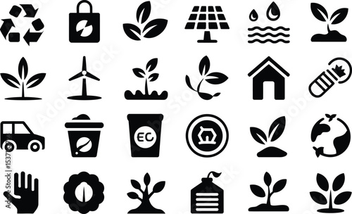 Environmental and sustainable energy icons collection featuring alternative resource and recycling symbols