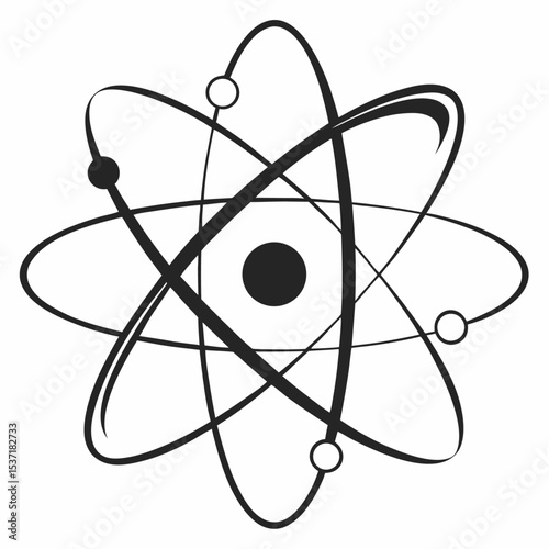 Atom symbol and model illustration with electrons and orbit on white and black backgrounds scientific molecular icon