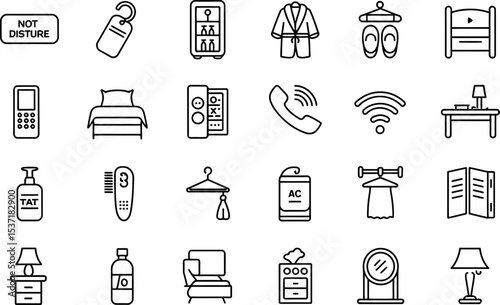 Hotel room amenities line art icons set illustration design