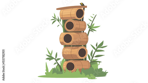 A digital illustration depicting a birdhouse constructed from stacked bamboo cylinders. The birdhouse is shown against a white background with simple green grass and stylized leaves surrounding the
