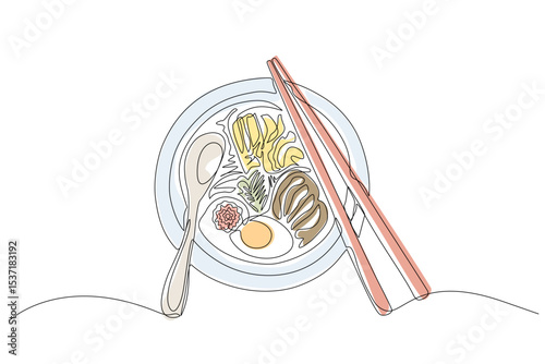 A top view one line drawing of a Japanese ramen bowl with chopsticks and spoon, illustrating a minimalist and aesthetic dining concept. Vector Editable stroke