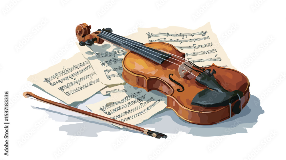 Fototapeta premium A digital painting or illustration depicting a violin resting on a piece of sheet music. The violin is positioned diagonally, with its bow lying next to it. The sheet music appears to be a musical