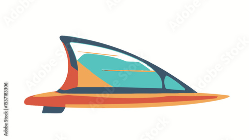 A digital illustration depicting a stylized surfboard with a futuristic design. The surfboard is predominantly orange and red with a teal and yellow fin. The illustration is flat