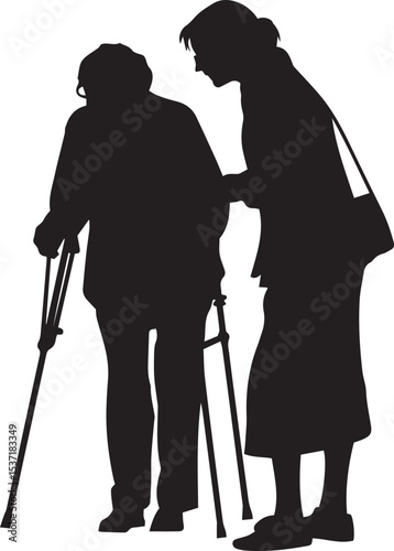 Senior Woman Support Silhouette. Elderly Care and Assistance Vector Graphic.