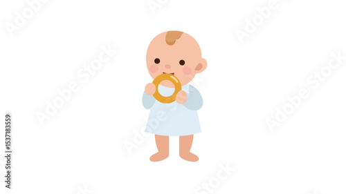 A digital illustration depicts a cartoon baby, seemingly a boy, with fair skin. The baby is shown standing upright and holding a yellow circular teether in its mouth. The baby is wearing a light