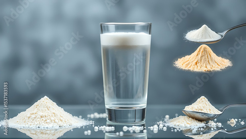 Hydrolyzed collagen protein powder in various stages with glass of water and spoon on transparent ba photo