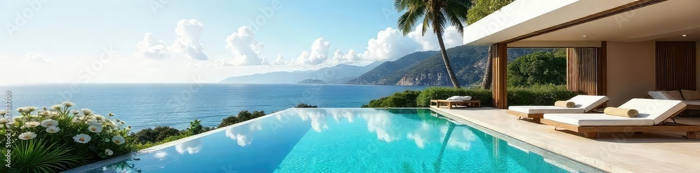 Fototapeta premium Luxurious holiday villa with private pool and stunning ocean views Perfect for a relaxing getaway or family vacation Enjoy the spacious outdoor area and lavish interior , elegant, lavish