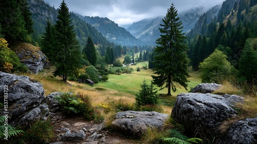 8. Hillside landscape with layers of mist rolling over forests and grassy meadows during early morning light