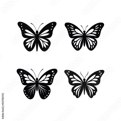 Monarch butterfly silhouette set of vector illustration