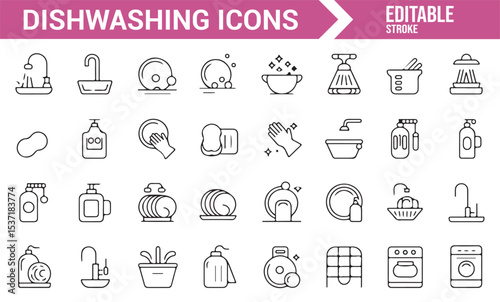 Set of Icons for Kitchenware, Dishwashing, and Cleaning Tools