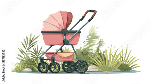 A digital illustration of a pink baby stroller situated amidst lush tropical plants against a white background.  The stroller is depicted in a three-quarter view, showcasing its pink canopy and