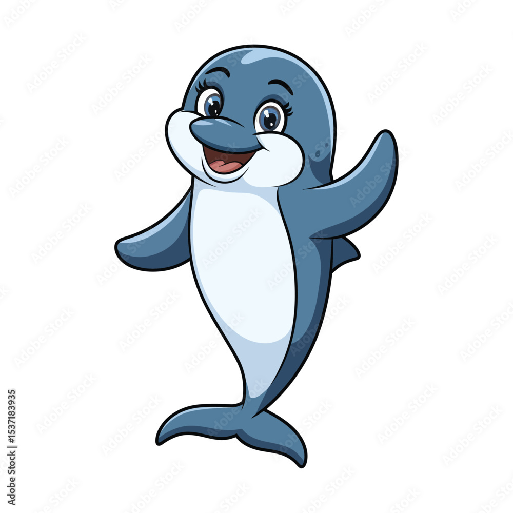Obraz premium A friendly cartoon dolphin standing upright on its tail, with a blue and white body.